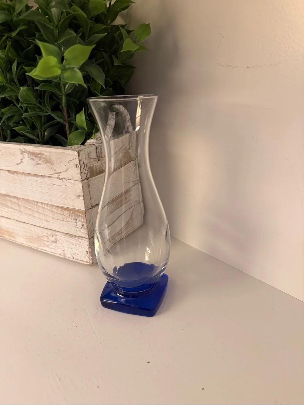 Clear Art Glass Bud Vase Cobalt Blue Square Base Flared Rim 7”